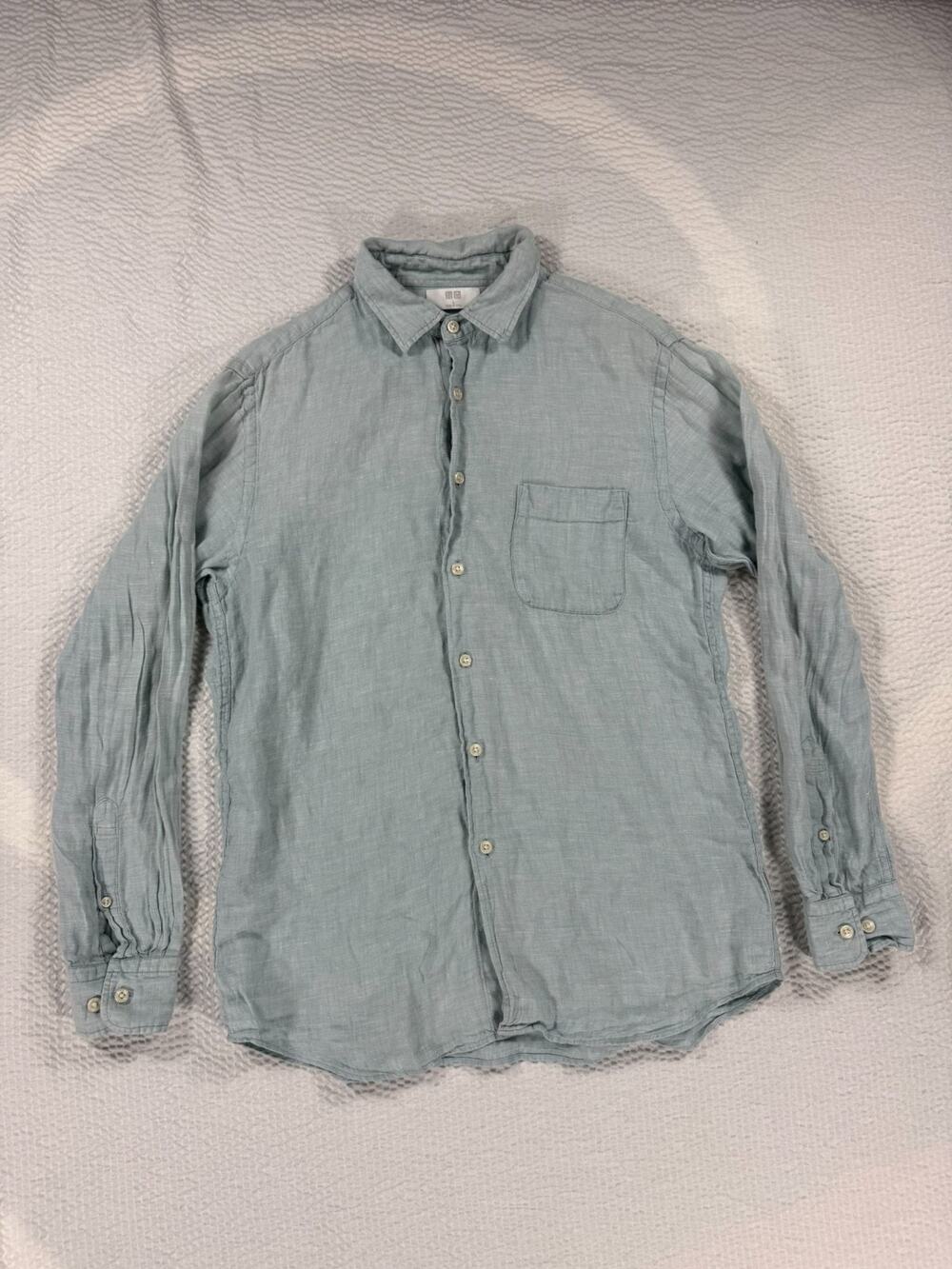 UNIQLO Shirt Womens Large Blue Linen Button Up Long Sleeve Casual Beach - Picture 1 of 9